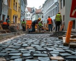 Workers paving a narrow urban street amid construction materials and signs