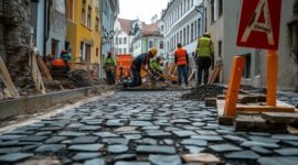 Workers paving a narrow urban street amid construction materials and signs
